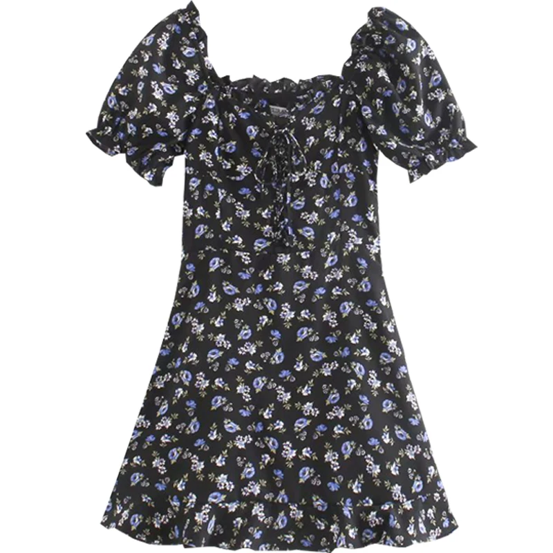 

Manyang Australian Niche Retro Square Collar A- line Dress Girl Black Backgroud Blue Floral Bow Slimming Floral Dress