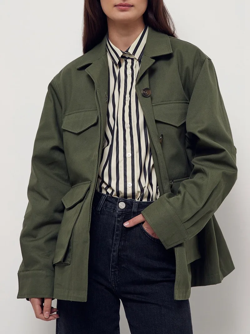 Женское Свободное пальто с карманами зеленое пальто-карго несколькими верхняя