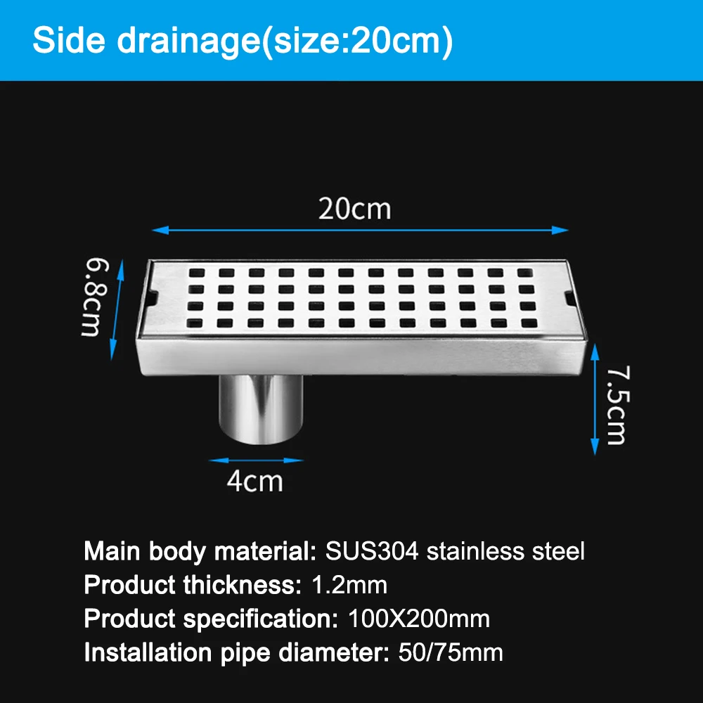 

20-100 см серебристой стороной на выходе и напольным трапом квадратный узор Ванная комната душевой дренажный прямоугольник Нержавеющая сталь отходов Решетка полового стока