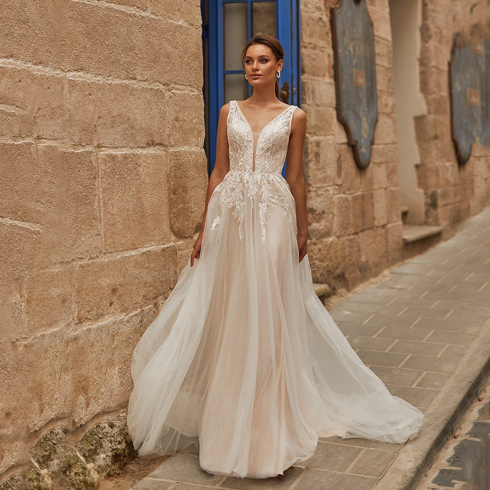 

Charming Champagne A Line Thin Tulle Wedding Dress For Woman Cap Sleeves Summer Beach Simple Formal Bridal Gown Robe De Mariage
