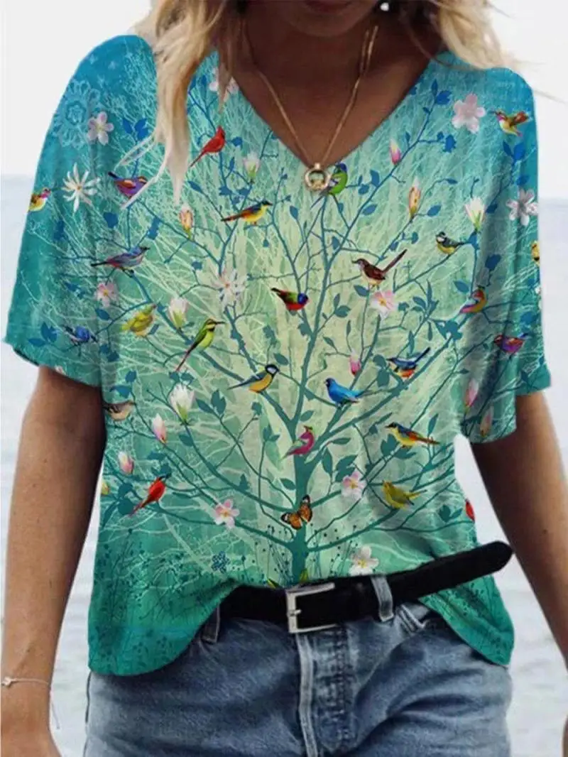 

Summer New Women's T-Shirt V-Neck Floral Animal Print Female T-Shirt Casual Loose Patchwork Ladies Tops T-Shirt