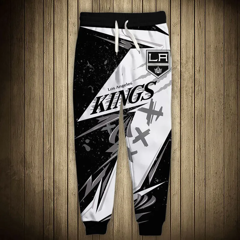 

Los Angeles men's Casual Kings Sports Pants Black And White Splicing Graffiti Letter Silver Crown Printing Sweatpants