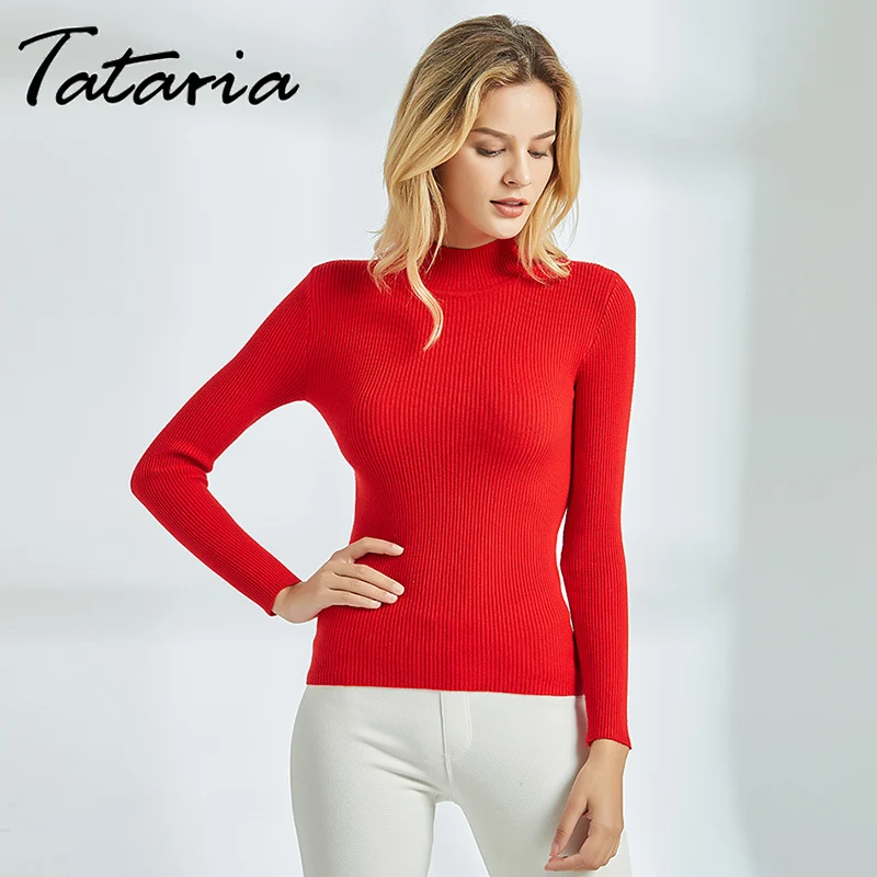 Tataria Long Sleeve Ribbed Sweater for Women Thin Pullovers Turtleneck Knitted Sweaters Female Casual Basic Jumper | Женская одежда