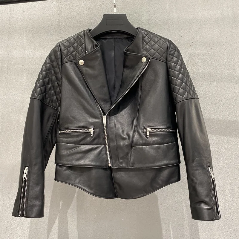 

SHZQ осенние женские пальто, куртка из натуральной кожи, Офисная Женская куртка на молнии из натуральной овечьей кожи, черная модная одежда