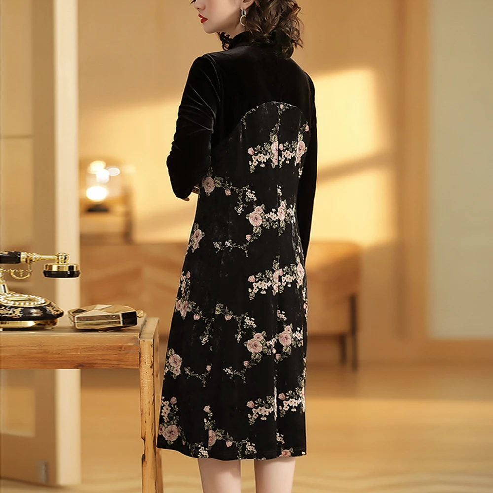 Женское вечернее длинное платье из шифона с цветочным принтом черное свободное