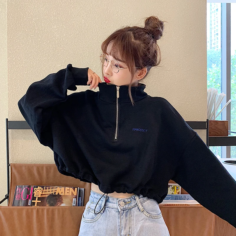 Кроп Топ женский с длинным рукавом повседневный свитшот надписью на молнии худи