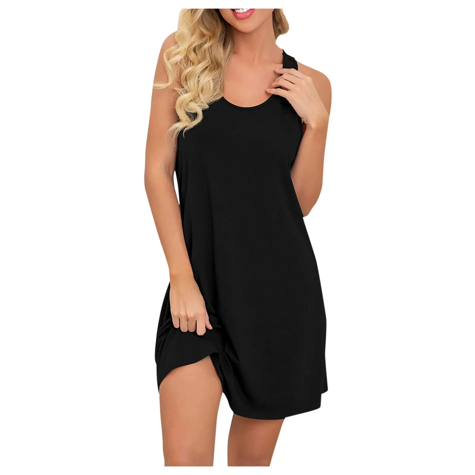 

Women's Summer Dress Solid Color Round Neck Nightdress Sleeveless Mini Dress Beach Tank Dress Black zomer jurkjes dames 2021