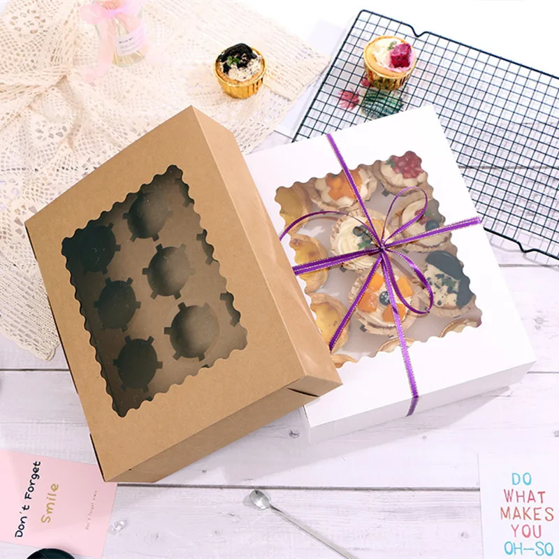 

6pcs Kraft Paper Boxes Cupcake Box with Window 12 Hole Cookie Packaging Box Kids Birthday Dessert Decoration Cake Party Supplies