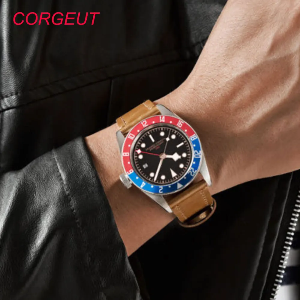 41 мм стерильный черный циферблат сапфировое стекло GMT Светящийся синий и красный