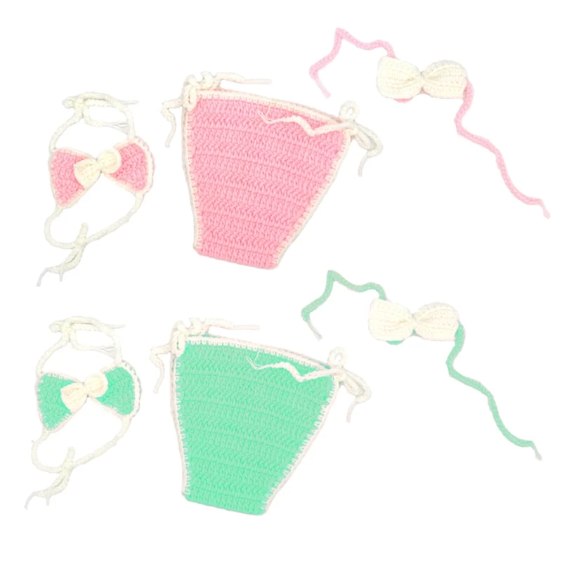 

D7WF 3 Pcs Newborn Photography Props Outfits Baby Girl Crochet Headband Shorts Bikini Set Infants Summer Beach Photo Shooting