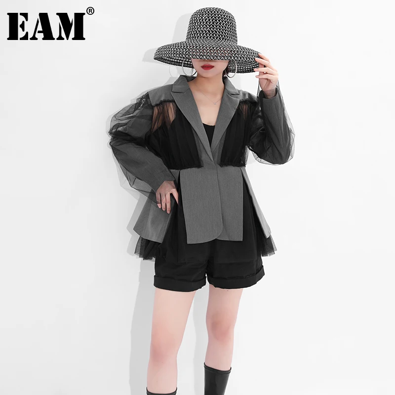 

[EAM] Women Gray Mesh Big Size Irregular Blazer New Lapel Long Sleeve Loose Fit Jacket Fashion Spring Autumn 2022 1DE167502
