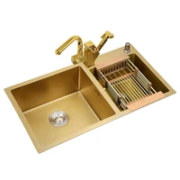 brushed gold 304 stainless steel kitchen sink thick 4mm double bowl with faucet above counter nano coated sink with drain basket