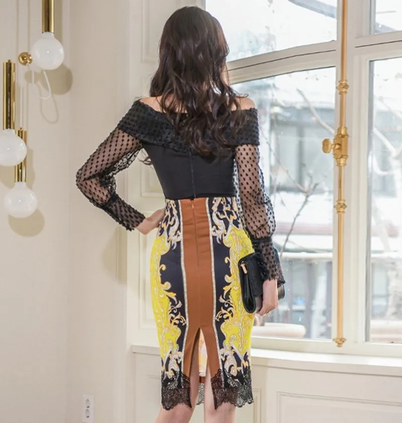 

2020 Summer OL 2 Pieces Suits Slash Neck Shirt Top +Lace patchwork Print Sheath Bodycon Pencil Skirt Set