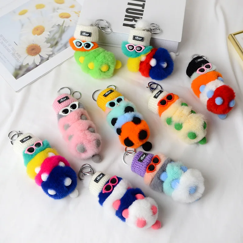 Новинка 2020 милый брелок для ключей в виде гусеницы из норки и ворса кожаная