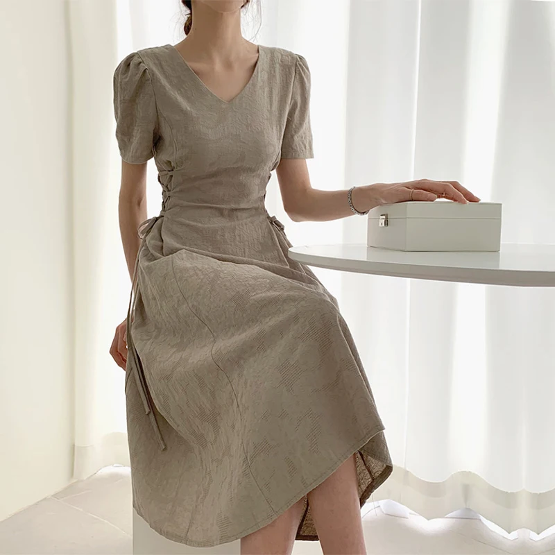 

Dresses Women Summer Beige Dress Mid-Calf Elegant Drawstring Clothes V-neck 2021 Fashion Korean Short Sleeve High Waist
