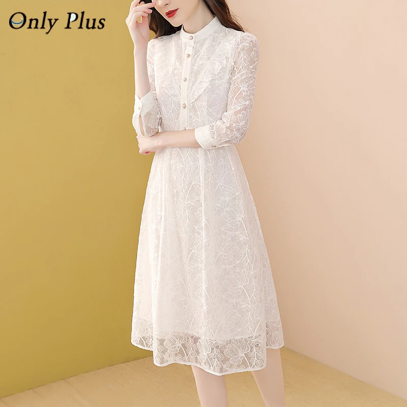 

EVNISIWhite Lace Dress Women Autumn New Elegant Long-sleeved Slim Solid Single Breasted Dresses Party Holiday Vestidos