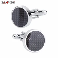 savoyshi black carbon fiber cufflinks for mens shirt cuff buttons high quality round silver color cuff link brand men jewelry