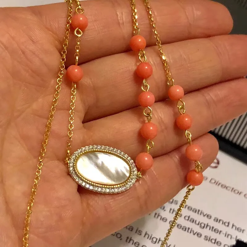 Monaco Jewelry Tassel Mother Of Pearl Long Chain Necklace pure 925 Sterling Silver Red Coral Bead Ball For Women | Украшения и