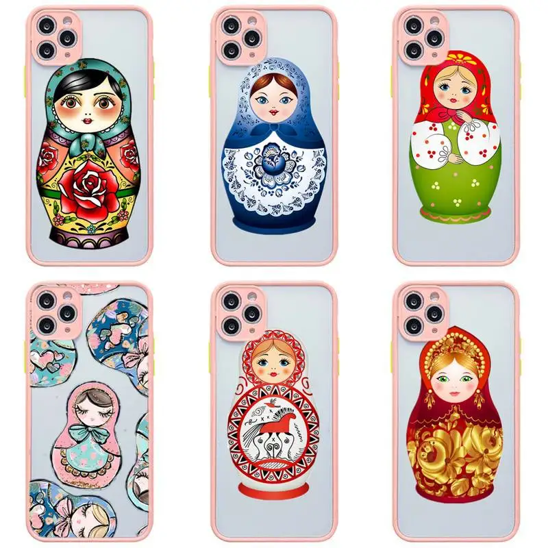 

Cute Russian Dolls Matryoshka DIY Phone Case Pink Transparent Matte For IPhone 7 8 11 12 S Mini Pro X XS XR MAX Plus Cover Shell