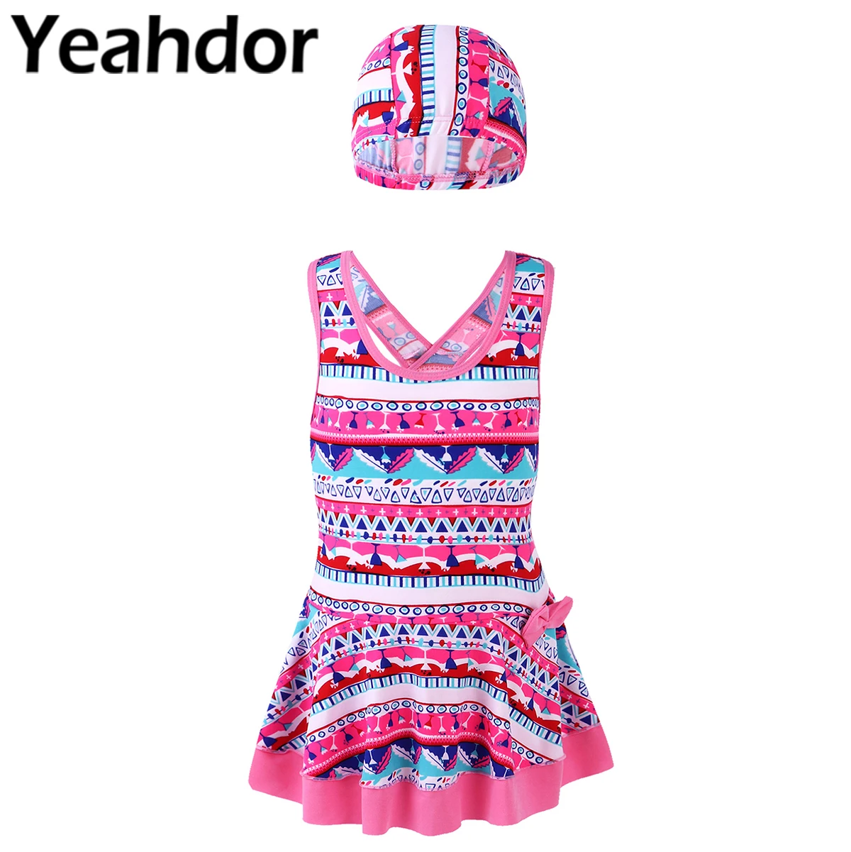 

Kids Girls Swimwear Swimming Suit Straps Cross at Rear Open Upper Back Dress with Built-in Shorts and Hat Set Bathing Suit