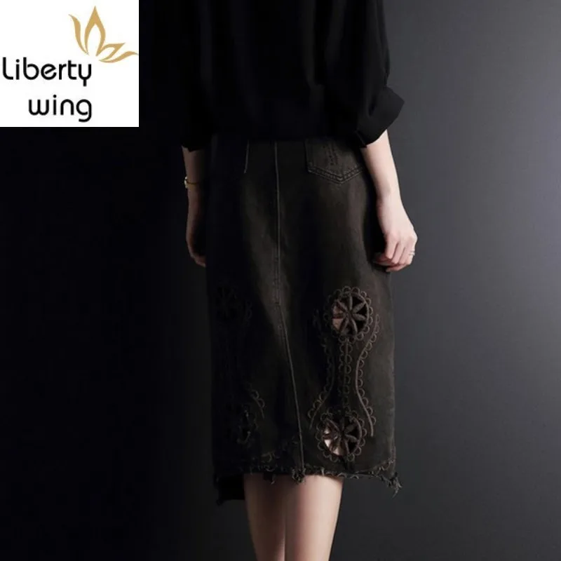 Женская длинная джинсовая юбка элегантная офисная винтажная трапециевидной