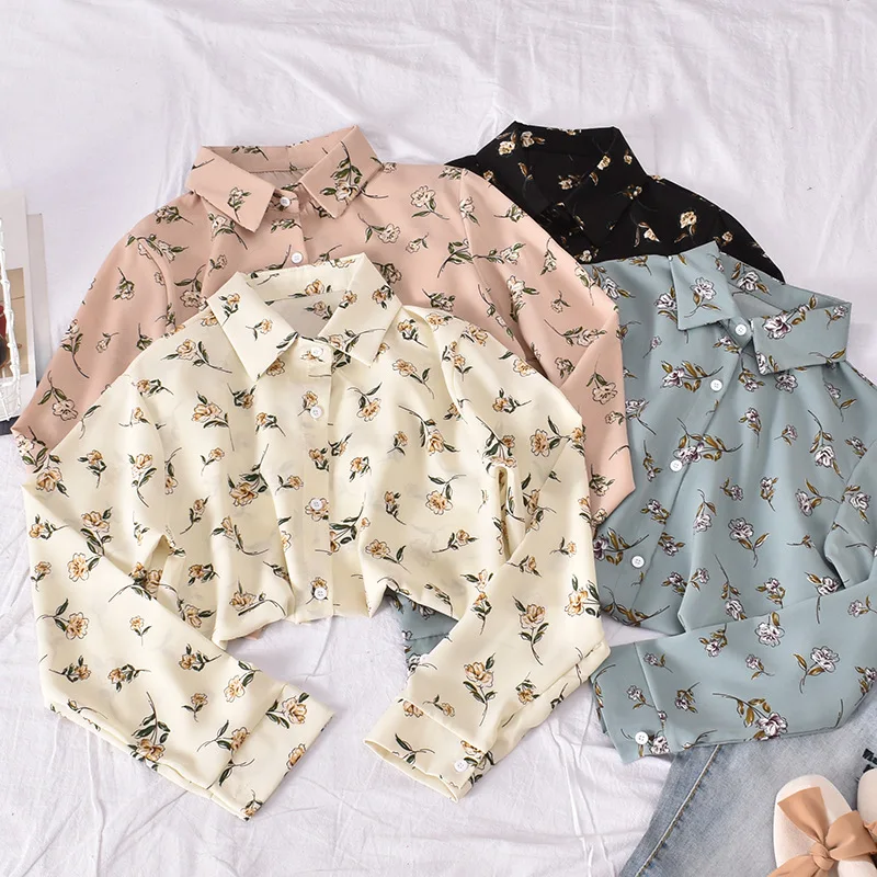 

Autumn Flower Shirt Women Blouse Korean Loose Turn Down Collar Tops Retro Chic Chiffon Shirts Lady Ropa Para Mujeres De Moda
