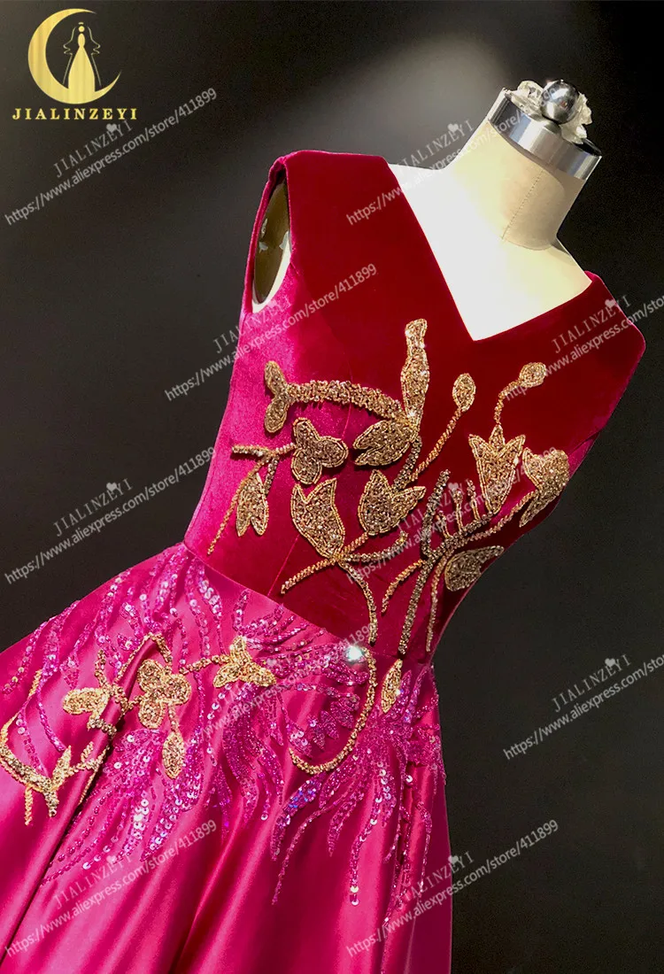 Rhine Real V neck Velvet With Gold Beads A-line Satin Party Dress فساتين السهرة Evening Dress Long Formal Dresses