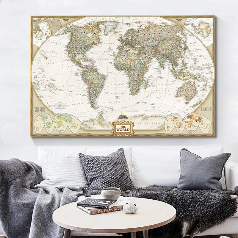 

World Map Wall Art Home Large Map of The World Poster Oil Painting on Canvas for Living Room Office Bedroom Decor No Frame