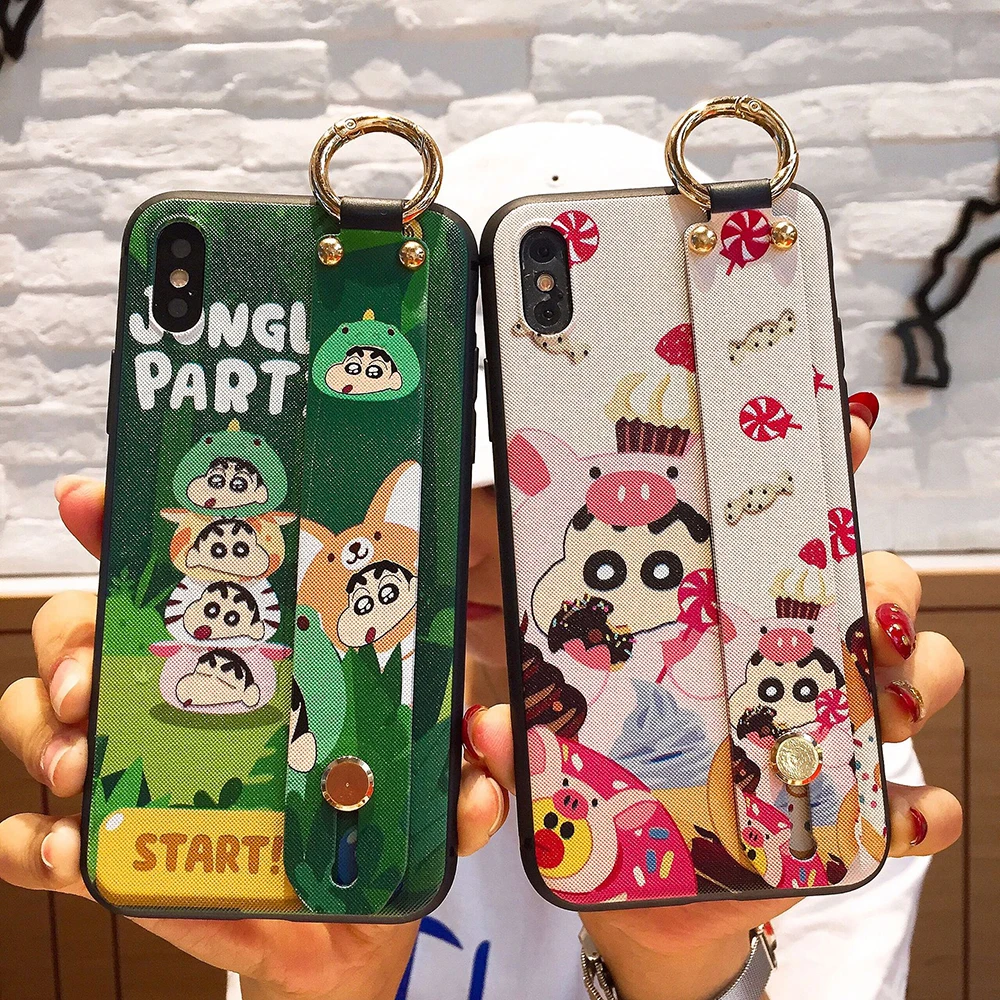 Wrist Band Phone Case For iPhone X XS MAX XR 11 Pro 6 6s 7 8 Plus 2 in 1 Cute Cartoon Shinchan Stand Holder Silicone Thin Cover | Мобильные