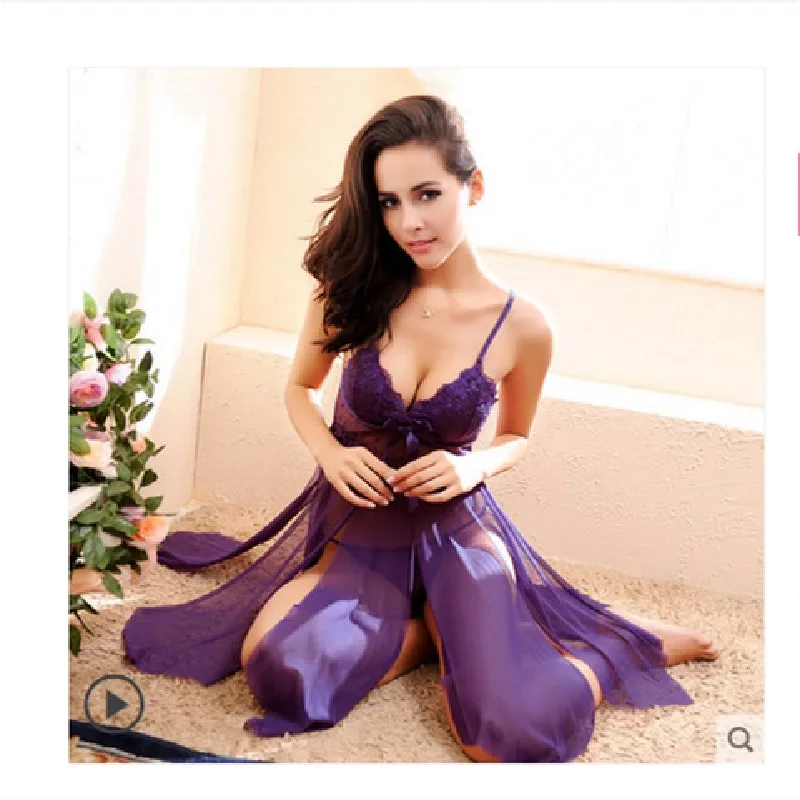 Сексуальное Женское ночное белье с кружевной вышивкой ночная рубашка разрезом