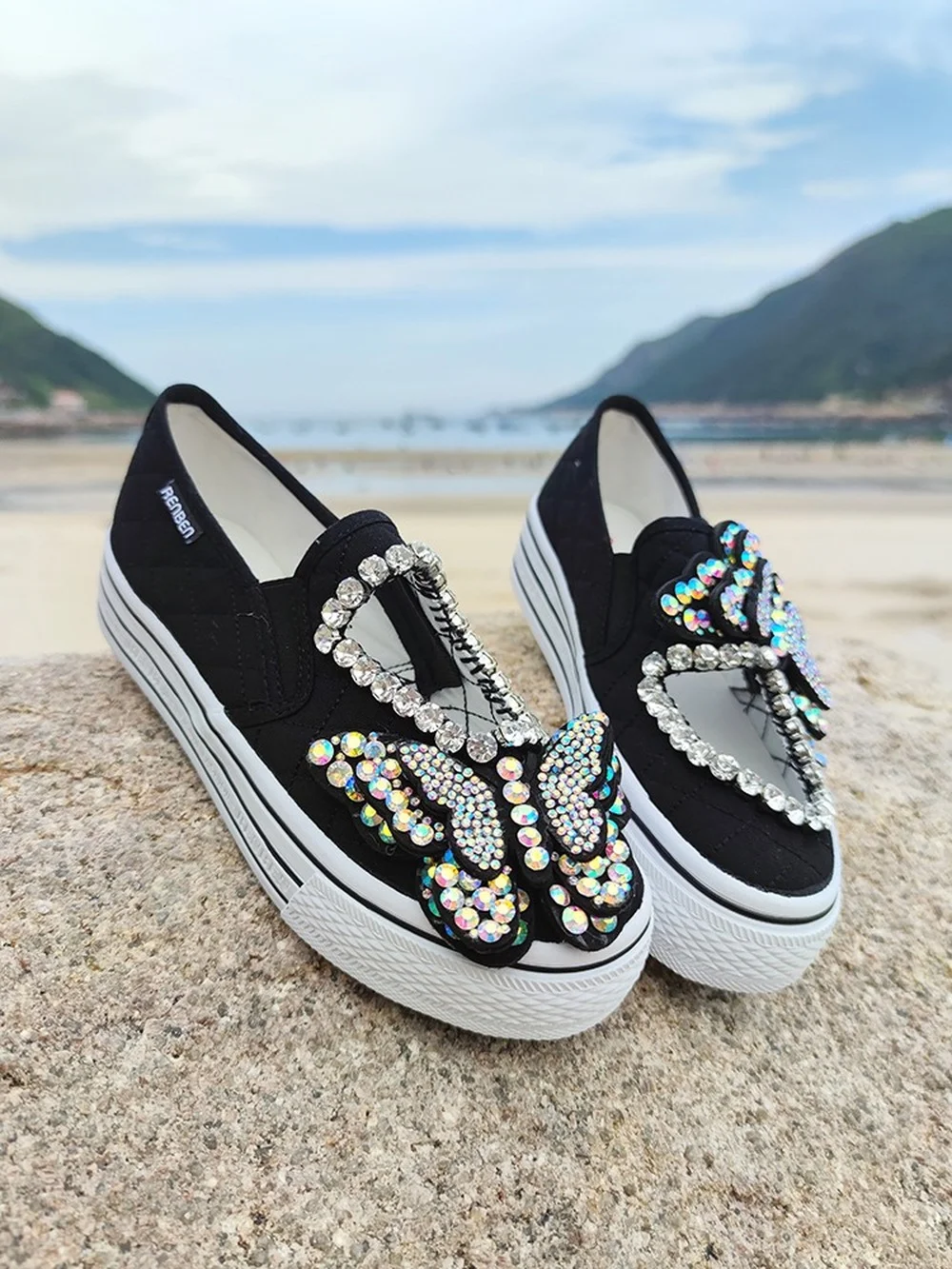 

Womens Canvas Rhinestones Butterfly Sneakers Loafers Casual Shoes Cut Out Slip On Girls Black White New 2021