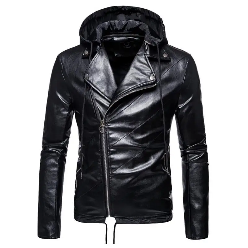 

HOT/ Autumn Men's Fashion personality Large size Detachable hood lapel diagonal zipper motorcycle PU jacket / M-4XL