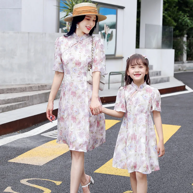 

WLG Mom and Daughter Matching Clothes Family Dresses Summer Chinese Style Floral Printed Short Sleeve Dress