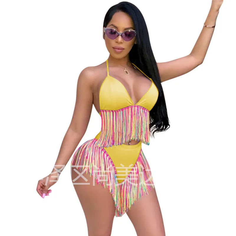 Бикини женский купальник с высокой талией на тонких бретельках бахромой