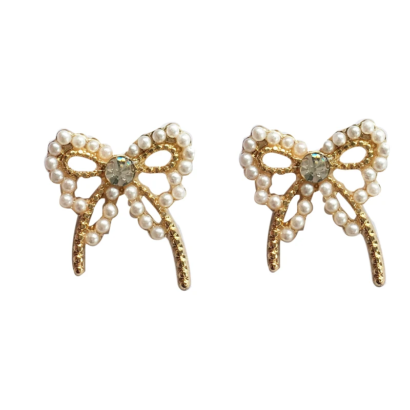 

S925 needle Sweet Jewerly Stud Earrings Metal Alloy Golden Plating High Quality Crystal Simulated Pearls Bowknot Earrings Gifts