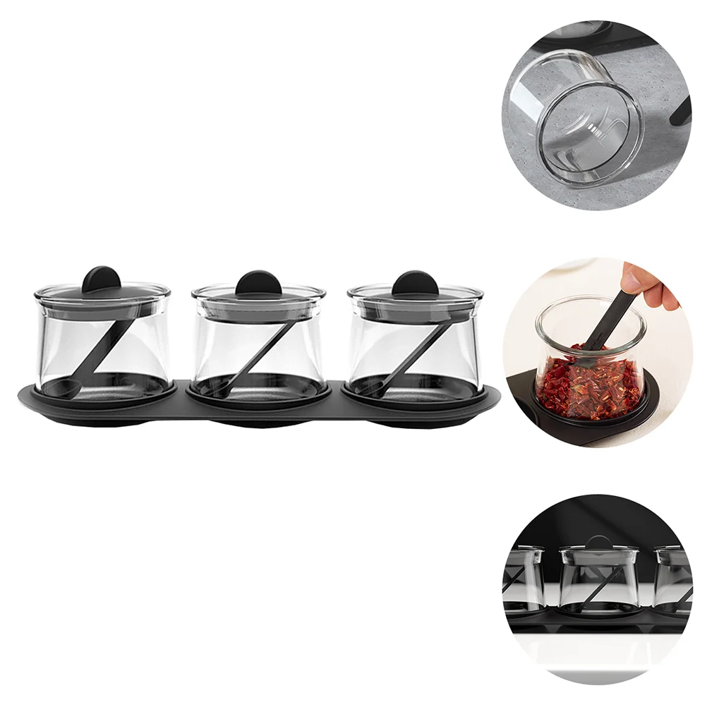 

3Pcs Kitchen Seasoning Bottle Container Condiment Jars with Tray and Spoons