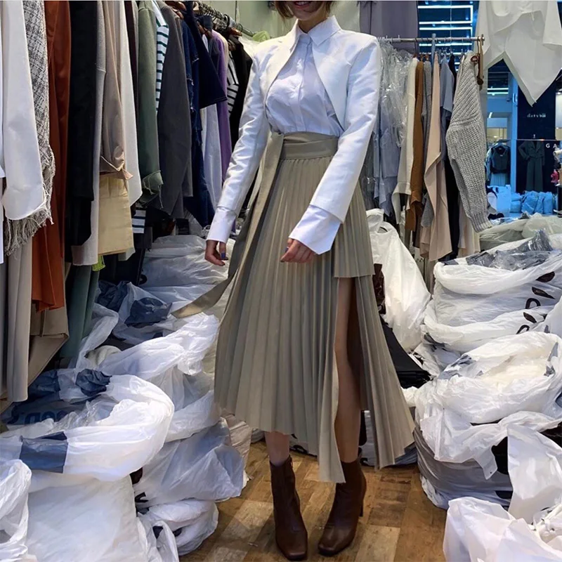 

Spring 2020 Irregular Sashes Mid Calf Women Pleated Skirt Khaki Pleated Skirt Vintage High Waist Casual Skirts Female Faldas New