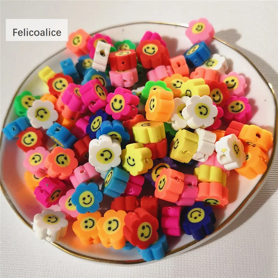 

40pcs/Lot 10mm Smiley Face Flower Polymer Clay Shape Spacer Beads For DIY Handmade Jewelry Craft Accessories