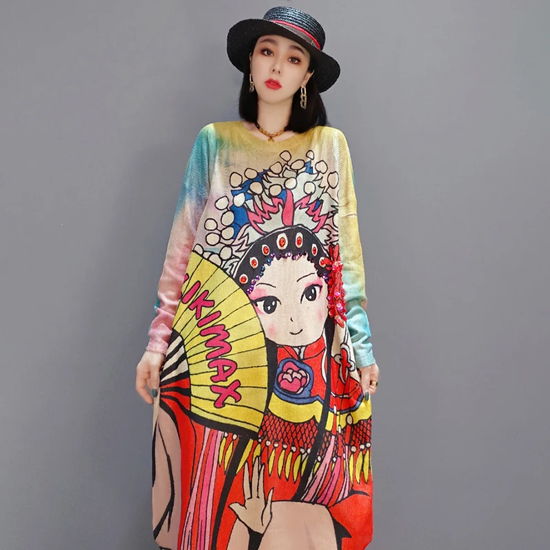 

SHENGPLLAE Personality Cartoon Dress Women's Summer 2021 New Round Neck Loose Long Sleeve Mid-calf Dresses Female Tide 5C676