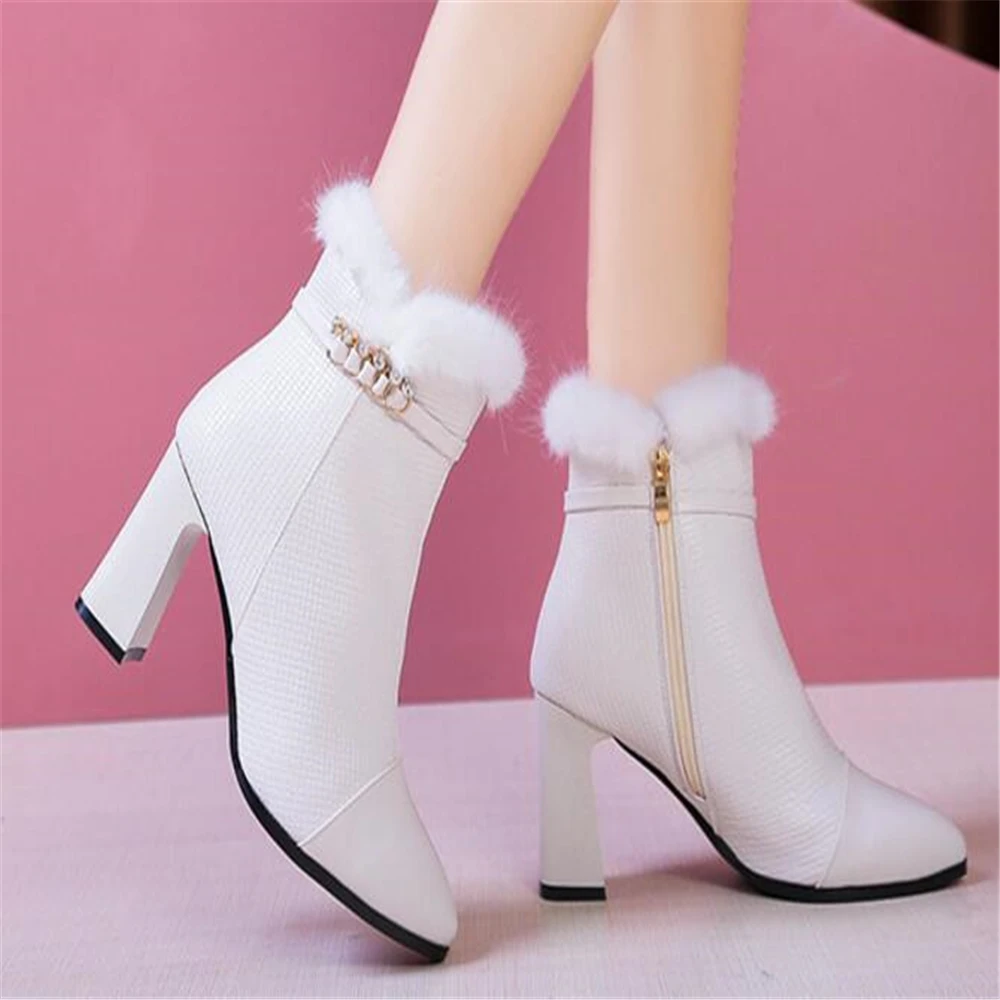 Ankle boots women Genuine Leather shoes solid square heels woman Zipper Fur snow lady Snow Boot Botas Mujer y504 | Обувь