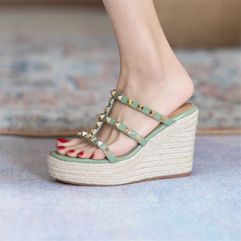 

Platform high heel sandals women's open toe rivet solid color wedges sexy runway party shoes 2021 summer new style