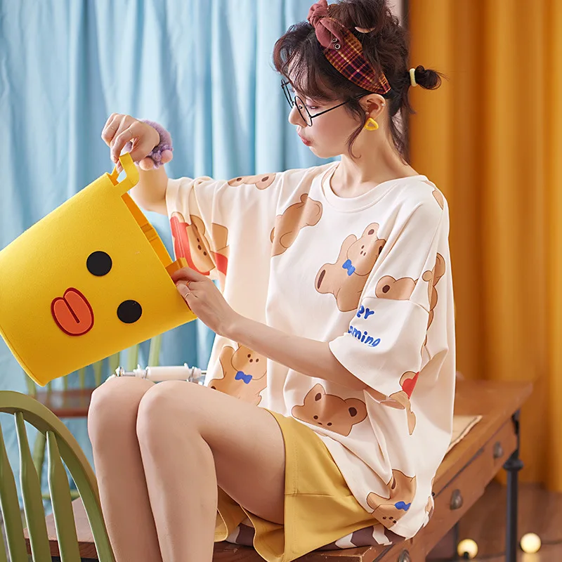 

For Women Summer Two Piece Set Short Sleeve Sleepwear Women Plus Size Home Wear Fashion Blue O-Neck Cute Cats Cartoon Pajamas