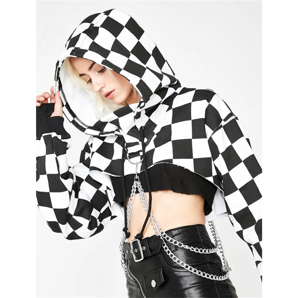 

Y2k Techwear Black White Crop Hoodies Chain Women E Girls Casual Hoodie Streetwear Kpop Cropped Tops 2000S Punk Short Hoody