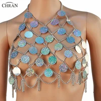 chran mesh sequin body chain carnival halter bra necklace silver fringe dance body jewelry