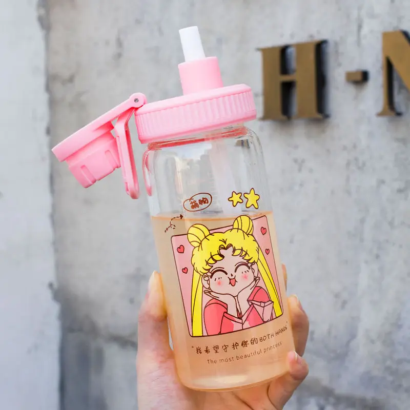 

500ml with Scale Sailor Moon Silicone Glass Bottles Kawaii Water Bottle Eco Friendly Glass with a Straw Glasses Cute Cups Child