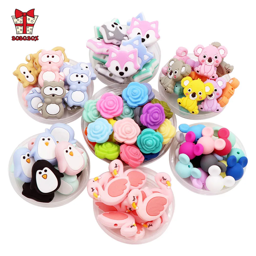 

BOBO.BO 10pcs Silicone Beads Animal Koala Raccoon Food Grade Baby Silicone Teething Toy BPA-Free DIY Pacifier Chain Accessories