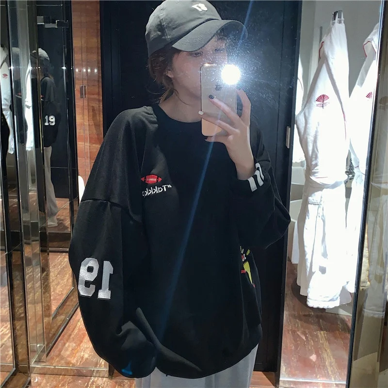 

Autumn Winter Fashion Loose Hoodie Women Harajuku Crewneck Sweatshirt Lettered Embroidery Printing Hip Hop Korean Pullovers