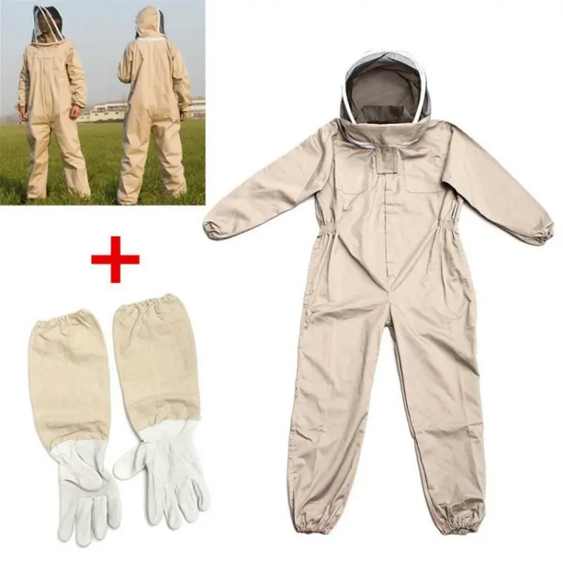 1Set Professional Ventilated Full Body Beekeeping Bee Keeping Elastic Band Suit With Leather Gloves Coffee Color
