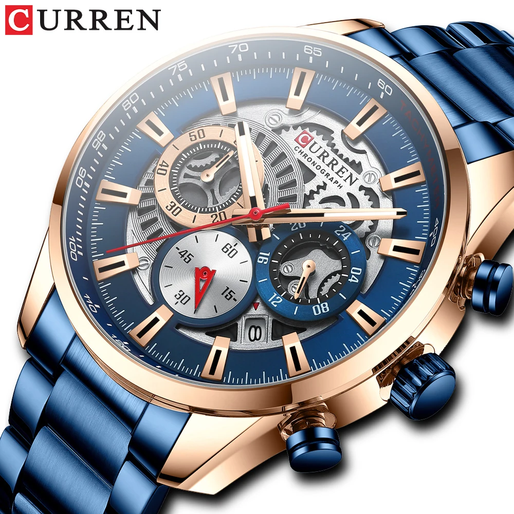 

CURREN New Watch for Men Luxury Blue Unique Gear Dial Design Wristwatch Sport Chronograph Waterproof Steel Relogio Masculino