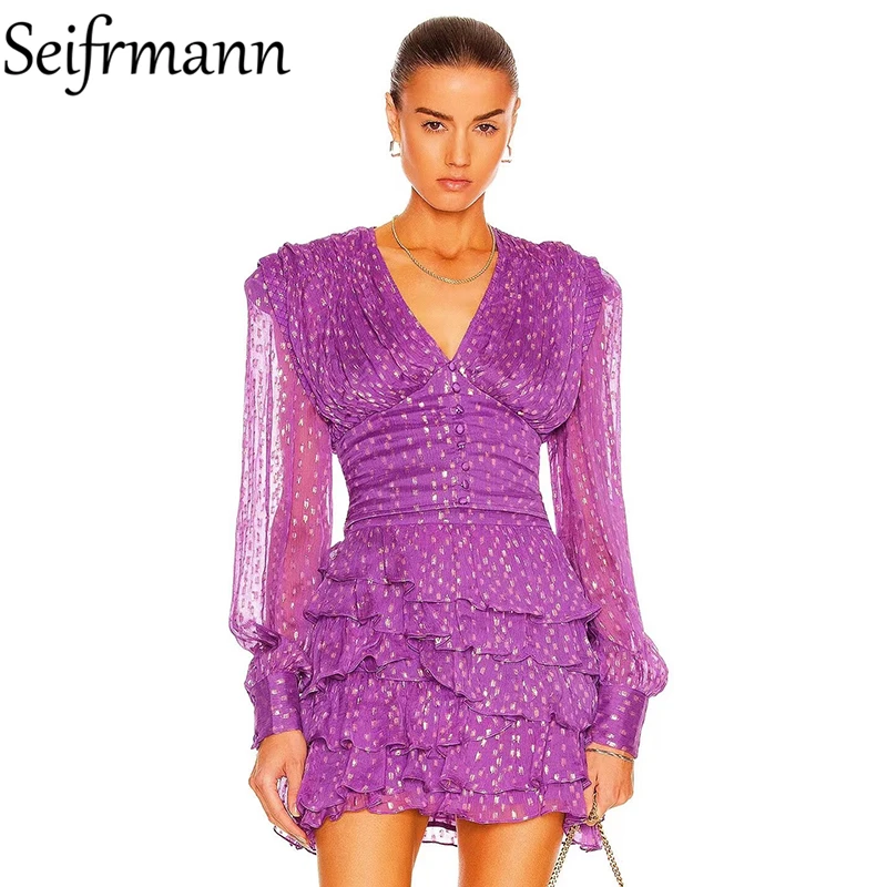 

Seifrmann New 2021 Autumn Women Fashion Runway Skirt Set Lantern Sleeve Short Tops + High Waist Dot Ruffles Mini Skirts Suits